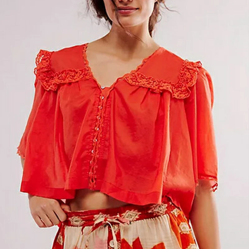Low Cut Chiffon Ruffle Lace Trim Blouse