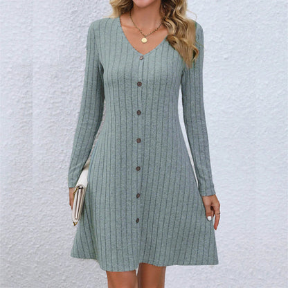 Dressbetty - V-neck Buttoned Waist Long Sleeve Color Midi Dress