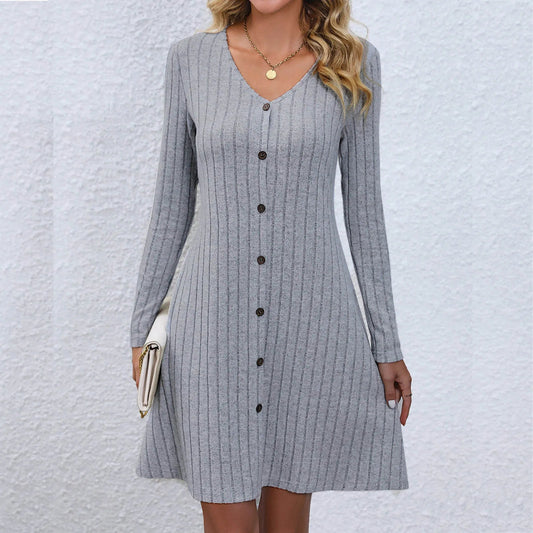 Dressbetty - V-neck Buttoned Waist Long Sleeve Color Midi Dress