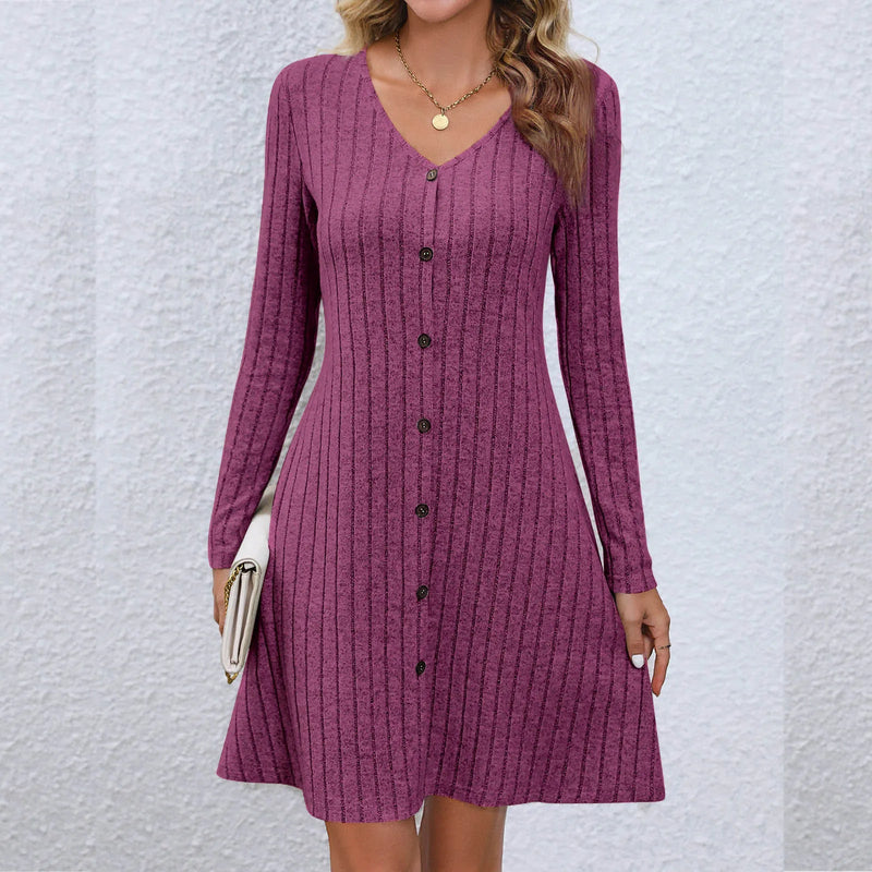 Dressbetty - V-neck Buttoned Waist Long Sleeve Color Midi Dress