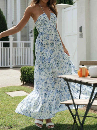 Chiffon Halter V Neck Flowy a Line Backless Tiered Midi Dresses