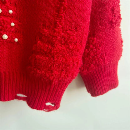 O-neck Lantern Sleeve Loose Knitted Christmas Sweater