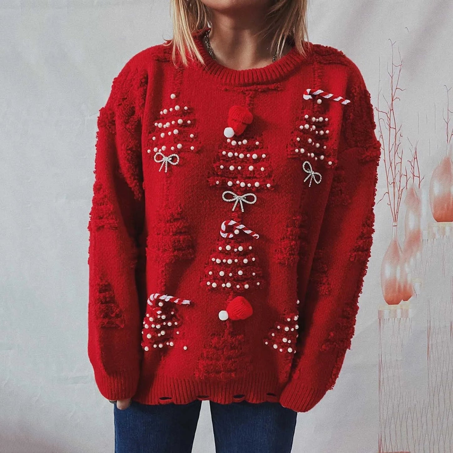 O-neck Lantern Sleeve Loose Knitted Christmas Sweater