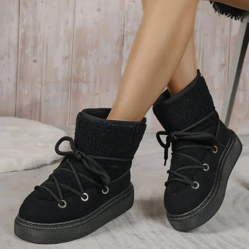 Thick-soled Cross-strap Round Toe Plush Warm Snow Boot