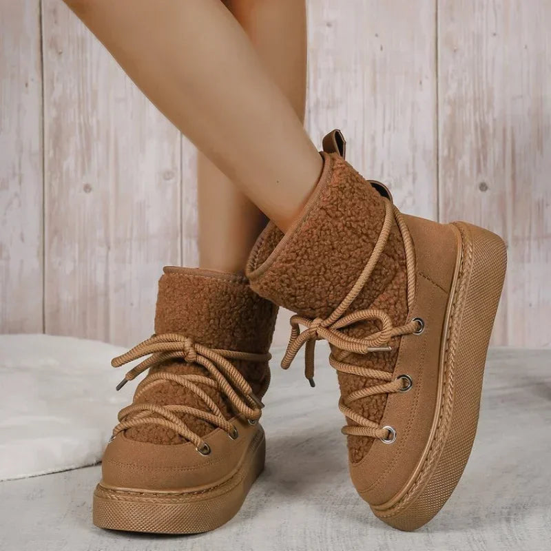 Thick-soled Cross-strap Round Toe Plush Warm Snow Boot