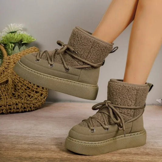 Thick-soled Cross-strap Round Toe Plush Warm Snow Boot