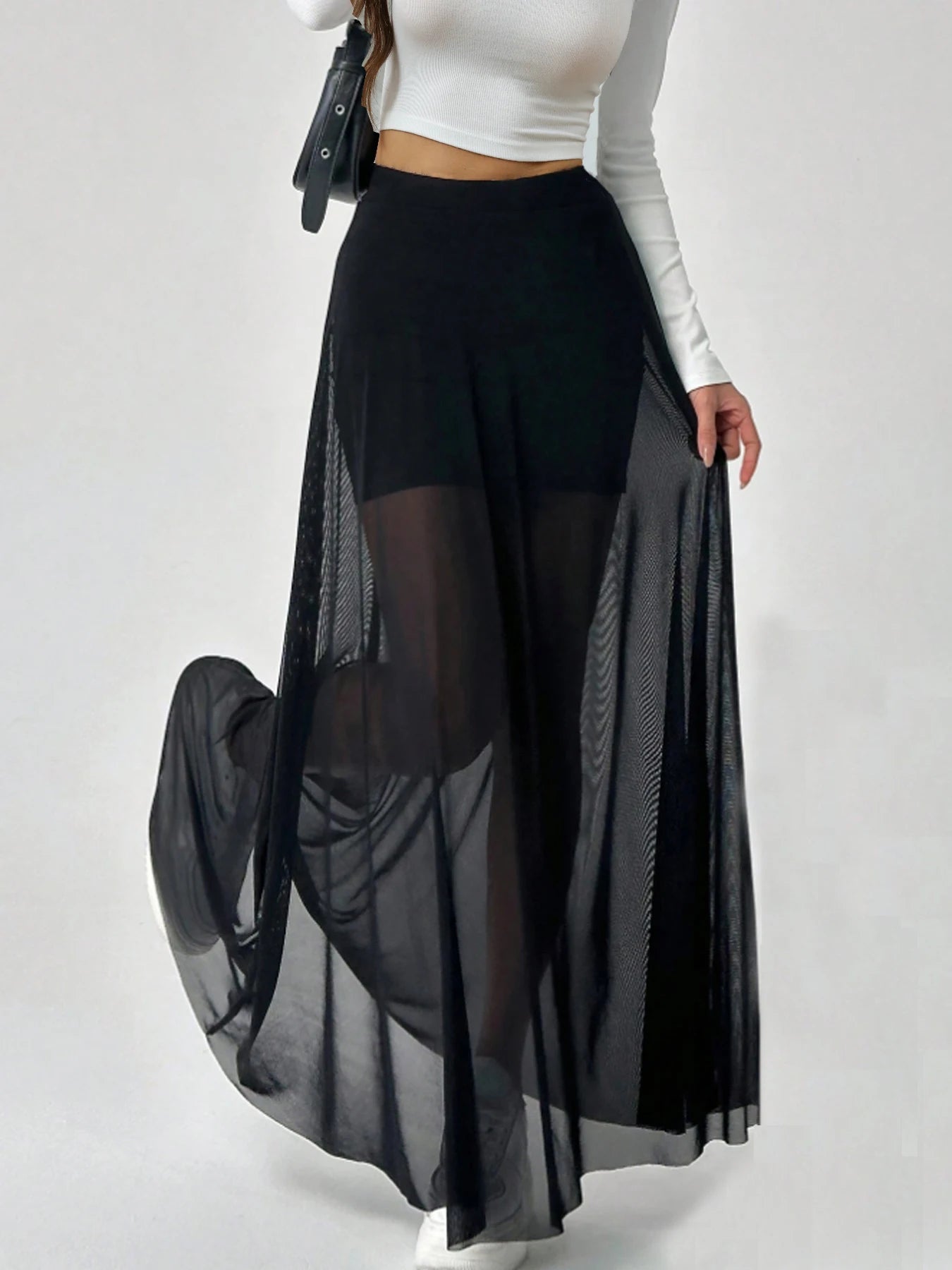 Mesh Patchwork Elastic High-waisted A-line Long Skirt