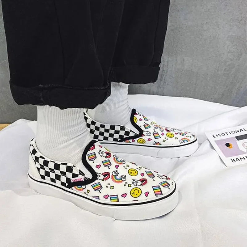 Canvas Multicolor Checkerboard Design Slip-on Flats Summer Skateboard