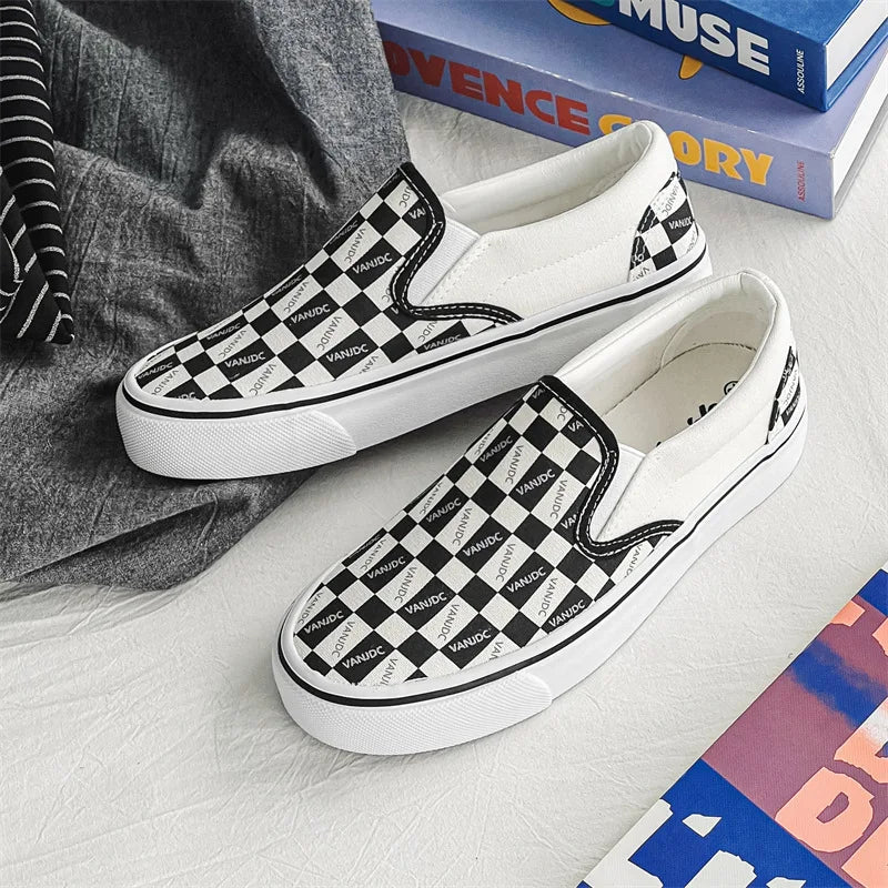 Canvas Multicolor Checkerboard Design Slip-on Flats Summer Skateboard