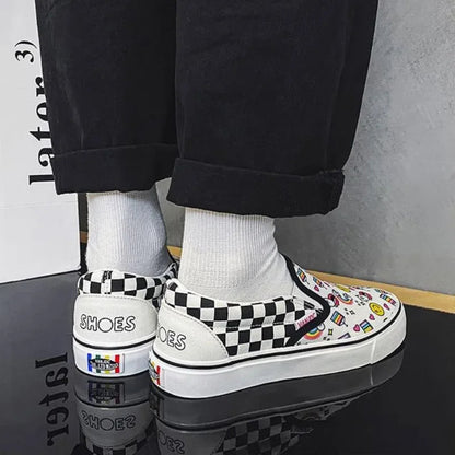 Canvas Multicolor Checkerboard Design Slip-on Flats Summer Skateboard