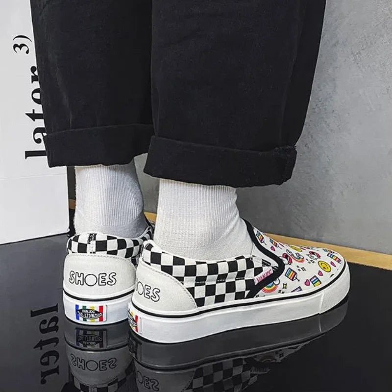 Canvas Multicolor Checkerboard Design Slip-on Flats Summer Skateboard