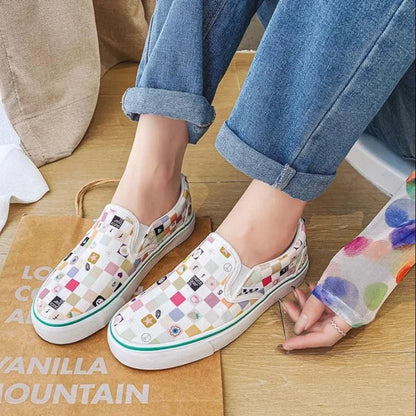 Canvas Multicolor Checkerboard Design Slip-on Flats Summer Skateboard
