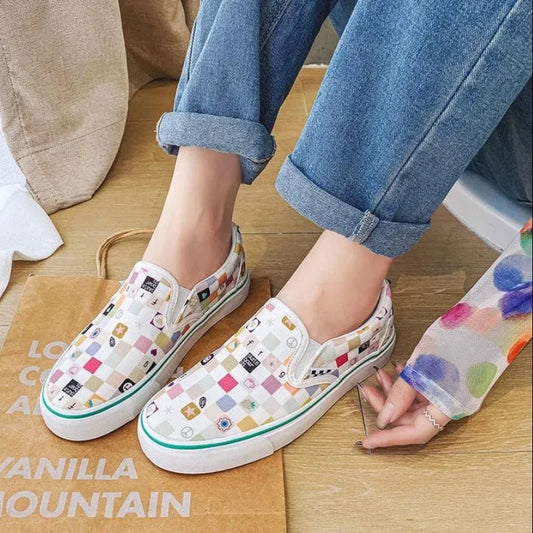 Canvas Shoes Multicolor Checkerboard Design Slip-on Footwear Flats Couple Summer Sneakers Size 35-44