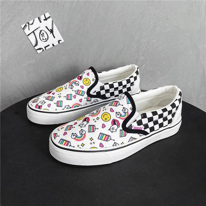 Canvas Shoes Multicolor Checkerboard Design Slip-on Footwear Flats Couple Summer Sneakers Size 35-44