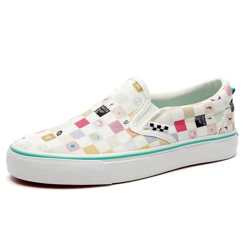Canvas Multicolor Checkerboard Design Slip-on Flats Summer Skateboard