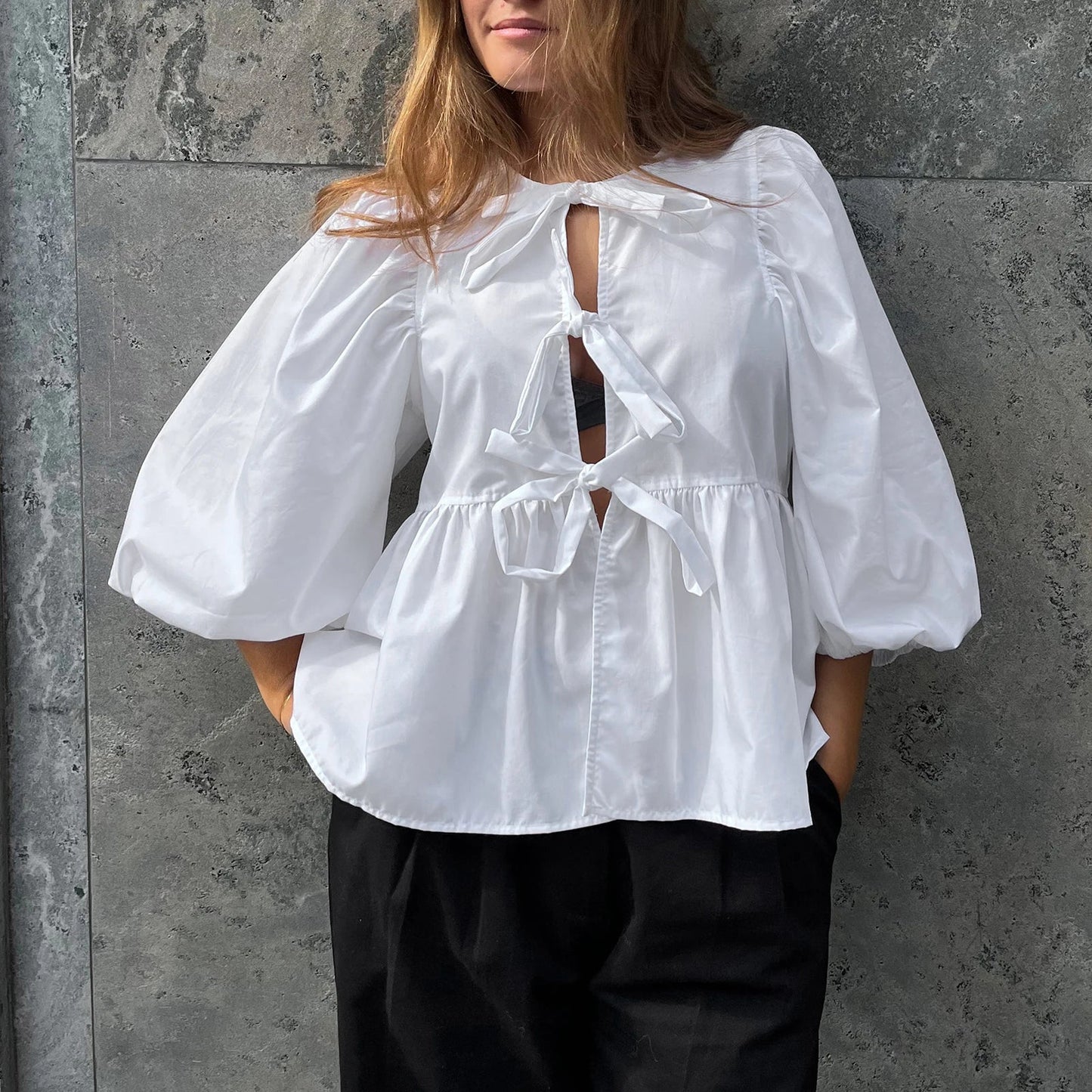 Puff Short Sleeve Peplum Tie Front Blouse