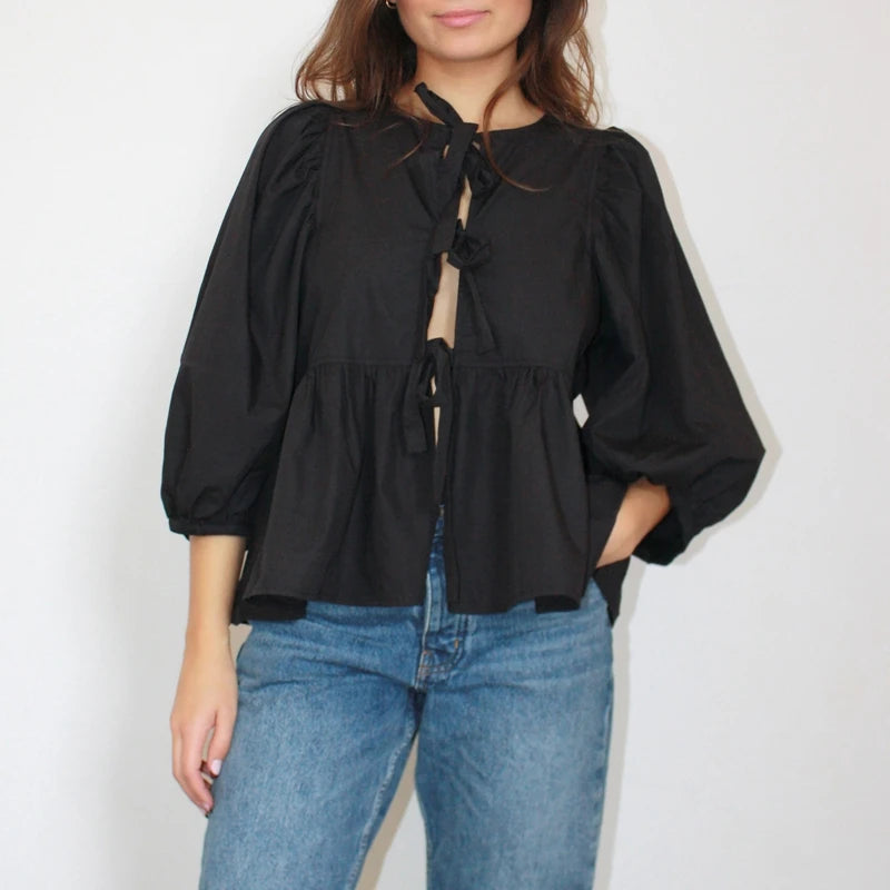 Puff Short Sleeve Peplum Tie Front Blouse