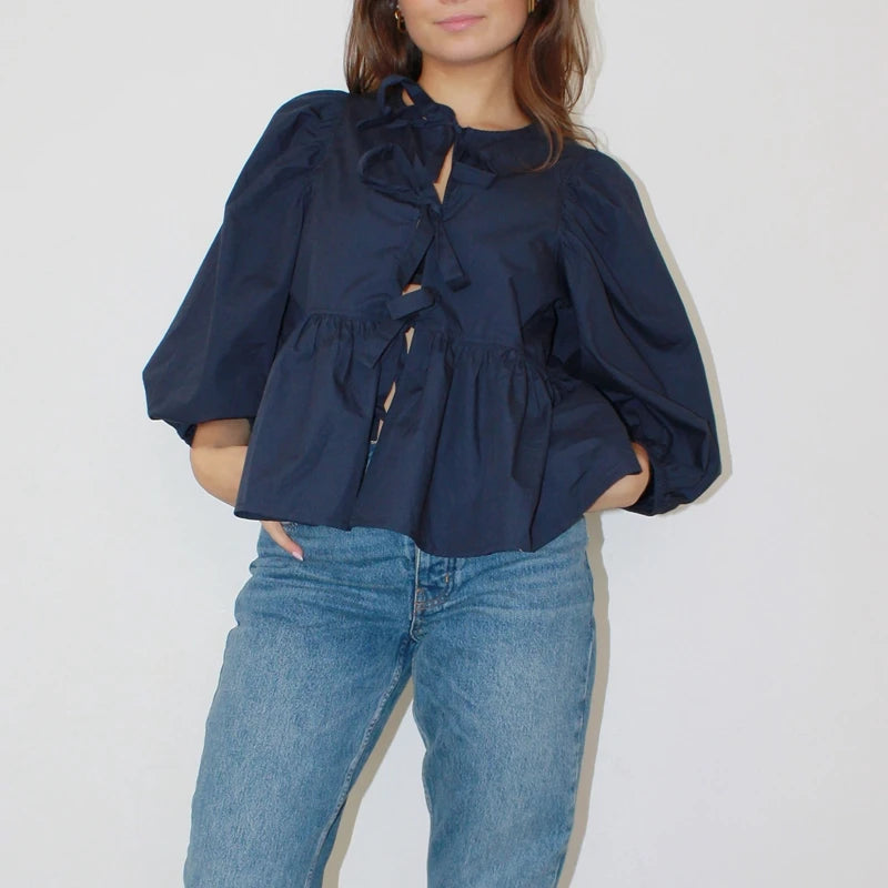 Puff Short Sleeve Peplum Tie Front Blouse