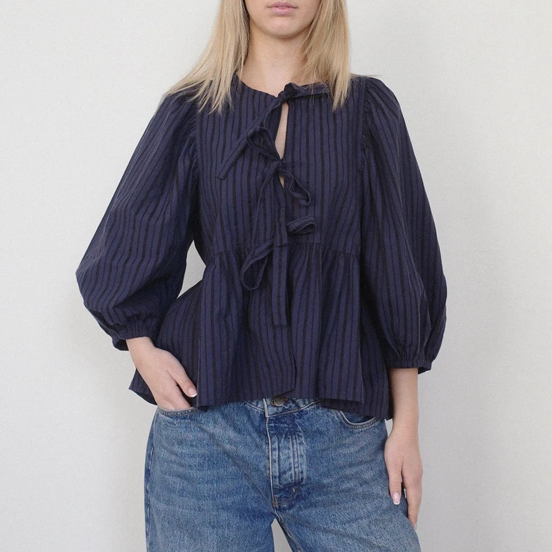 Puff Short Sleeve Peplum Tie Front Blouse