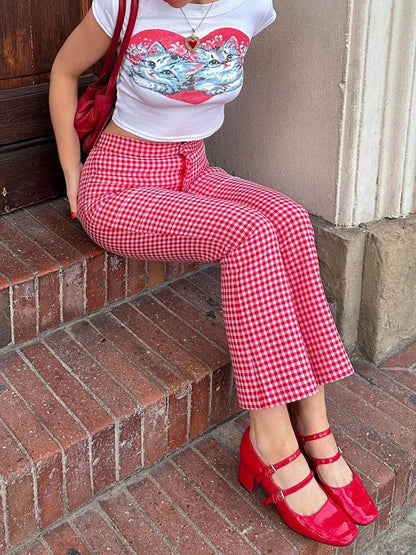 Gingham Red High Waist Flare Plaid Pant