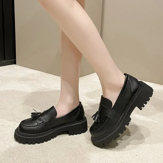 British Style Thick Bottom Pu Leather Platform Flats Loafers