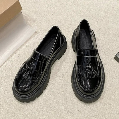 British Style Thick Bottom Pu Leather Platform Flats Loafers