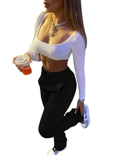 Stacked High Waist Winter Fleece Black Flare Workout Active Pants