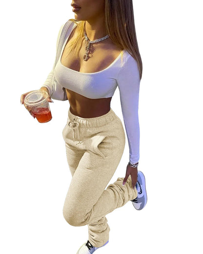 Stacked High Waist Winter Fleece Black Flare Workout Active Pants