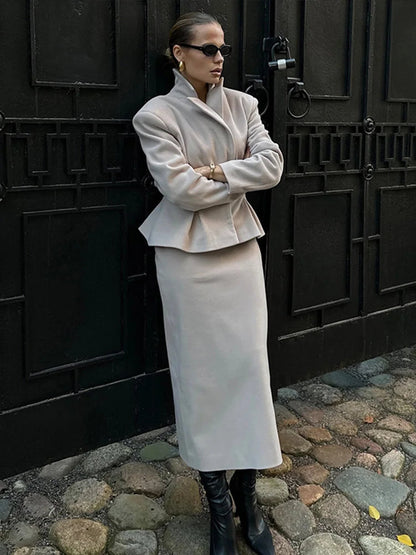 Woolen Blazer Zipper Skirt Office Two Piece Set