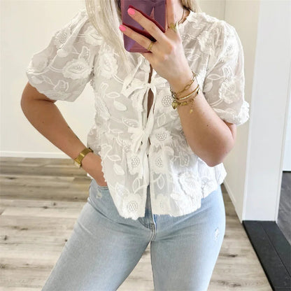 Embroidery Puff Short Sleeve Blouse