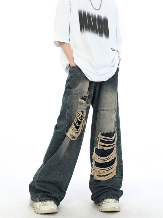 2000s Fake Hole Damage Wide Denim Pants