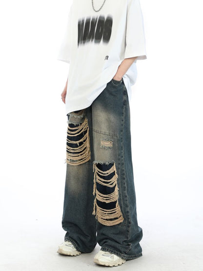 2000s Fake Hole Damage Wide Denim Pants