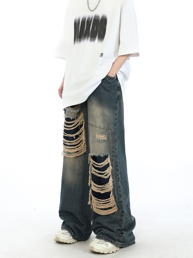 2000s Fake Hole Damage Wide Denim Pants