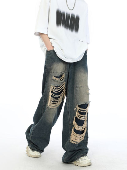 2000s Fake Hole Damage Wide Denim Pants