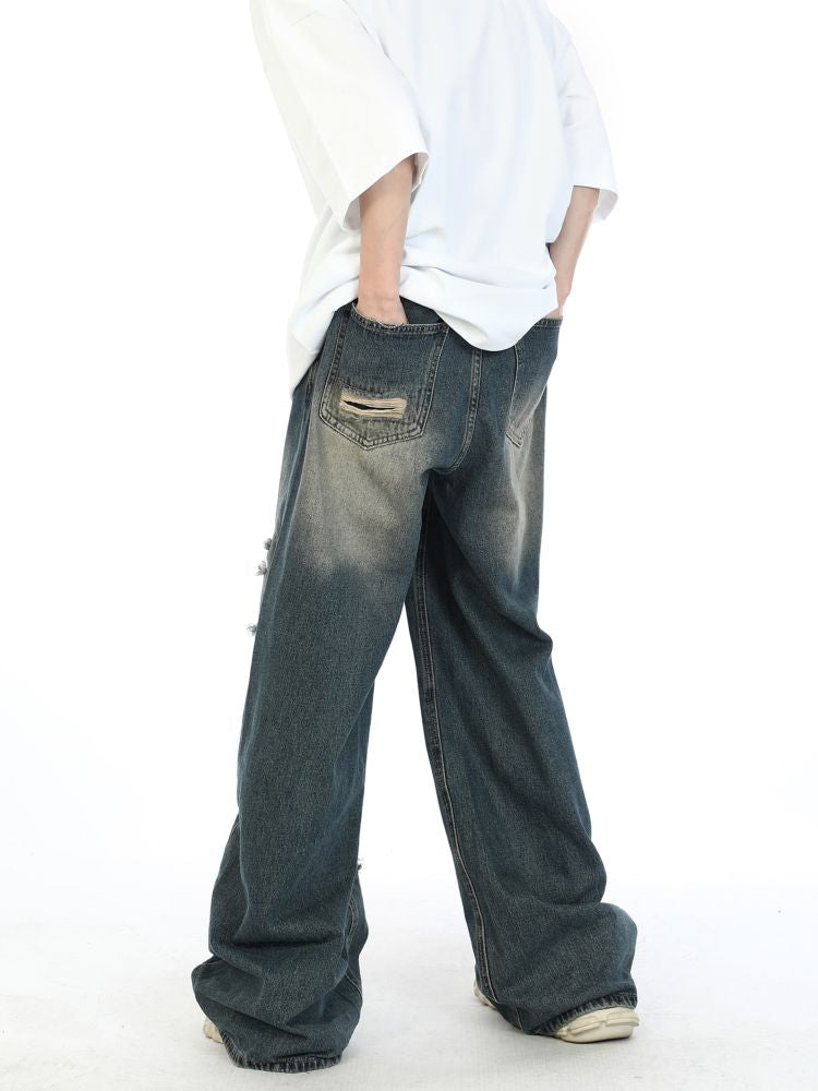 2000s Fake Hole Damage Wide Denim Pants