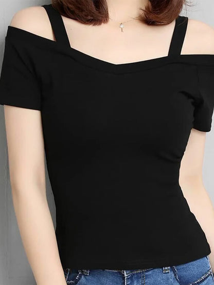 Y2k Short Sleeve T-shirt Shoulder Off Korean Tee Shirt Femme Slim V-neck Tshirt Womacn Summer Clothes Top