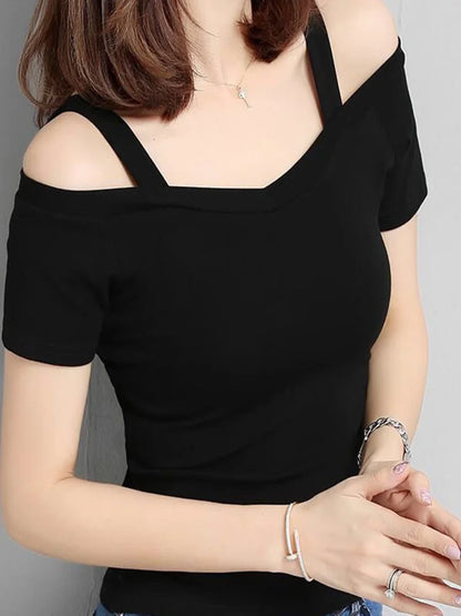 Y2k Short Sleeve T-shirt Shoulder Off Korean Tee Shirt Femme Slim V-neck Tshirt Womacn Summer Clothes Top
