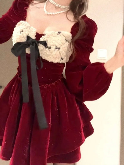 Y2k Velvet Mini Dress Lantern Sleeve Square Collar Patchwork Lace Up Layered Ruffles Autumn Spring Birthday Party Vestidos
