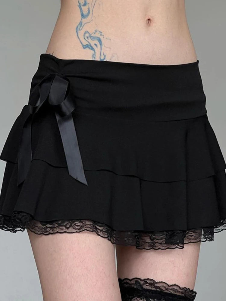 Y2k Bow Lace Trim A-line Party Mini Mall Gothic Ruffles Low Waist Black Lolita Skirt