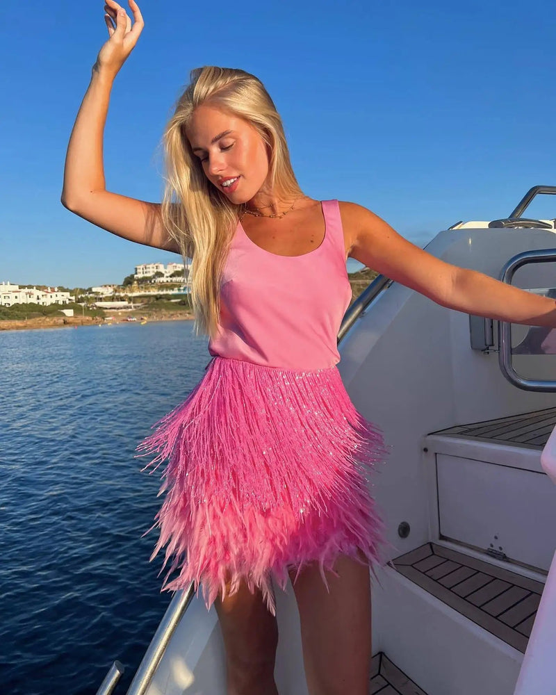 Dressbetty - Y2k Sequins Feather Sleeveless Mini Skirt