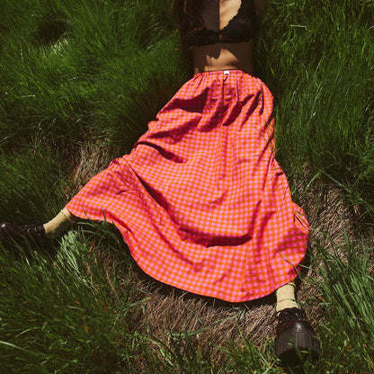 Gingham Ruffle Plaid Midi Skirt