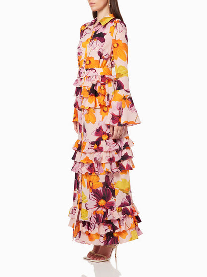 Print Shirt Ruffle Cake Maxi Dress