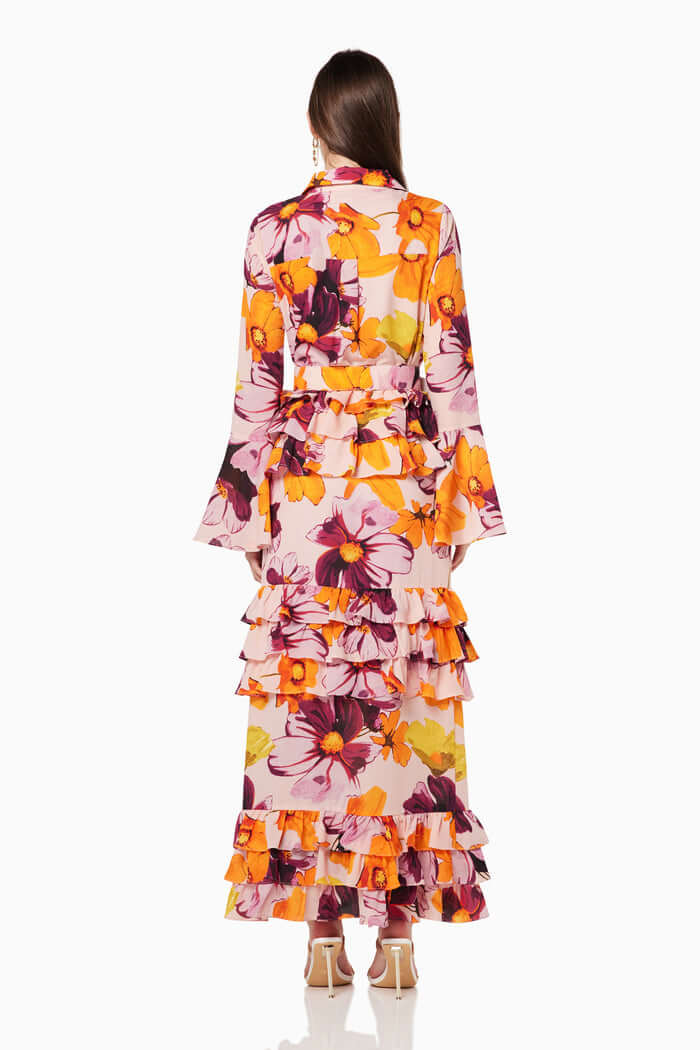 Print Shirt Ruffle Cake Maxi Dress