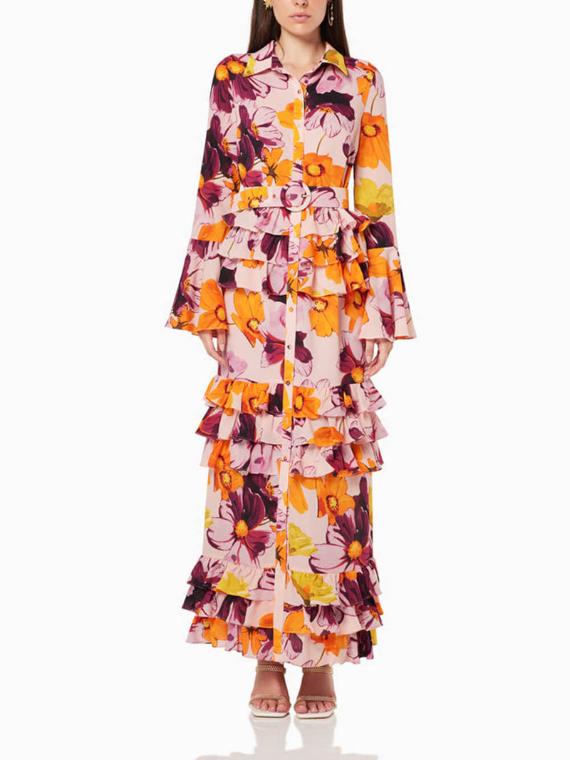Print Shirt Ruffle Cake Maxi Dress