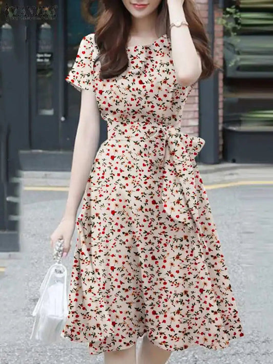 Short Summer O Neck Holiday Knee Length Robe Femme Midi Dresses