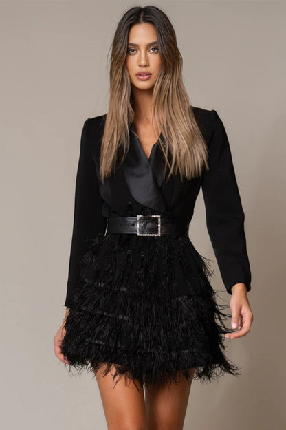 Teresa V-neck Beaded Feather Patchwork Mini Dress