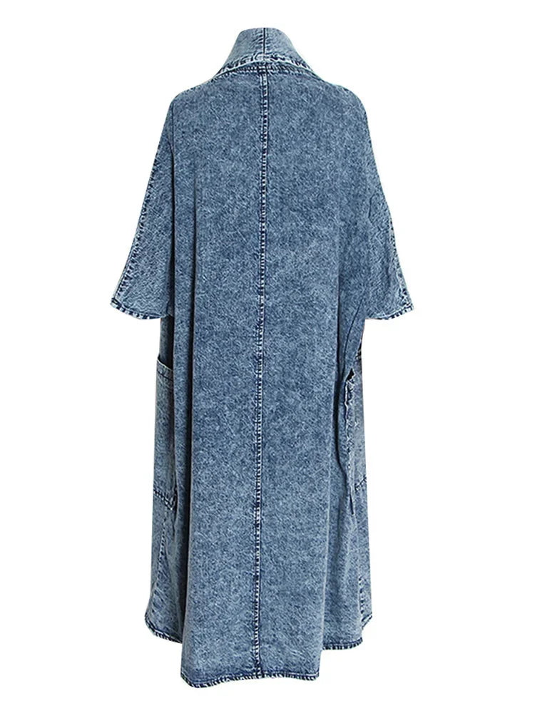 Blue Patchwork Long Minimalist Loose Coat