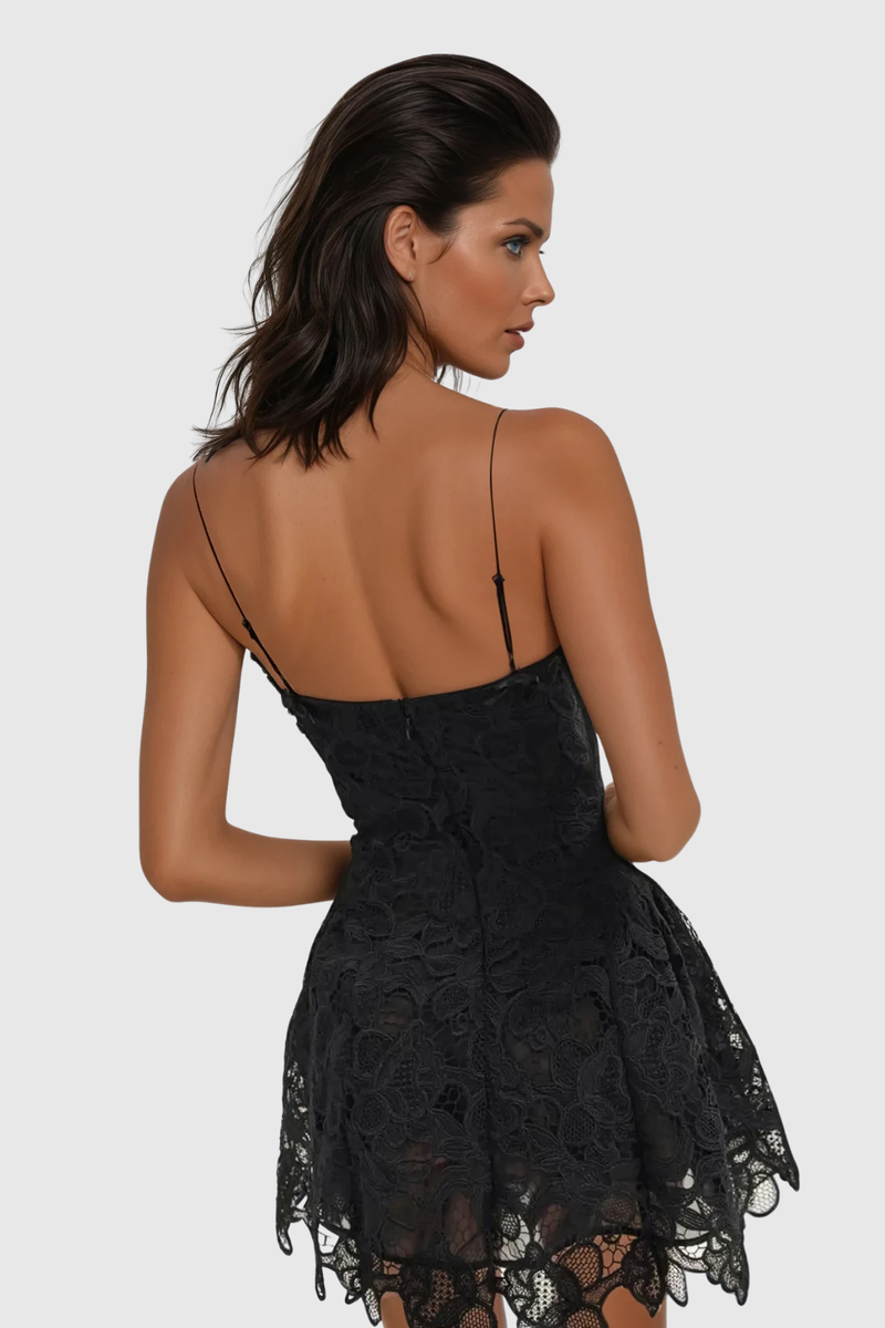 Zamira Spaghetti Lace Mini Dress in Black