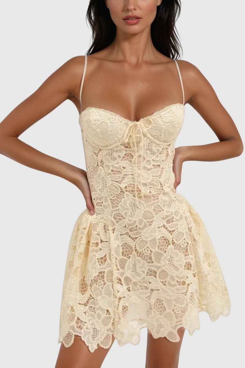 Zamira Spaghetti Lace Mini Dress in Natural