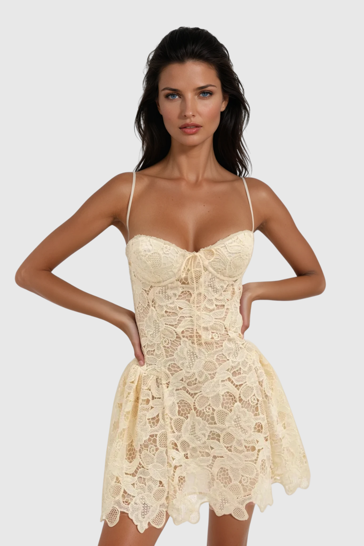 Zamira Spaghetti Lace Mini Dress in Natural